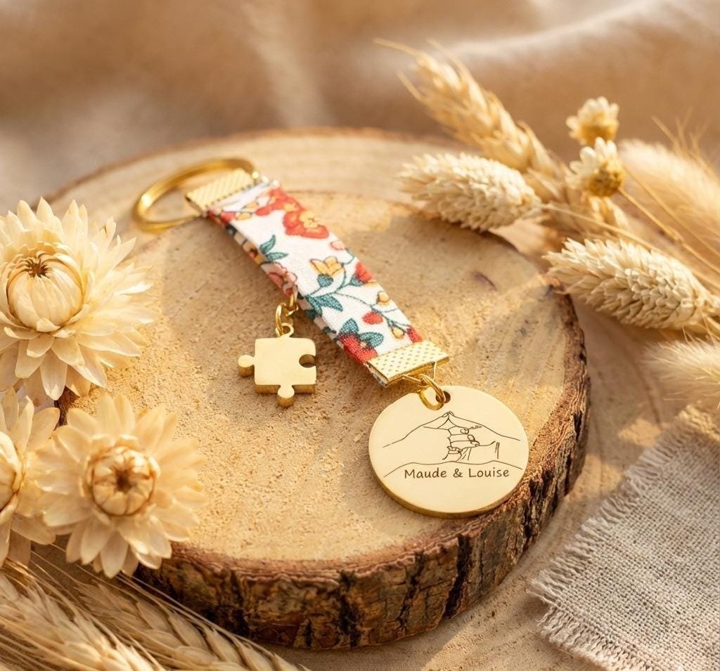 Porte-clés personnalisé meilleures amies – médaille gravée et tissu Liberty Porte-clés personnalisé meilleures amies – médaille gravée et tissu Liberty