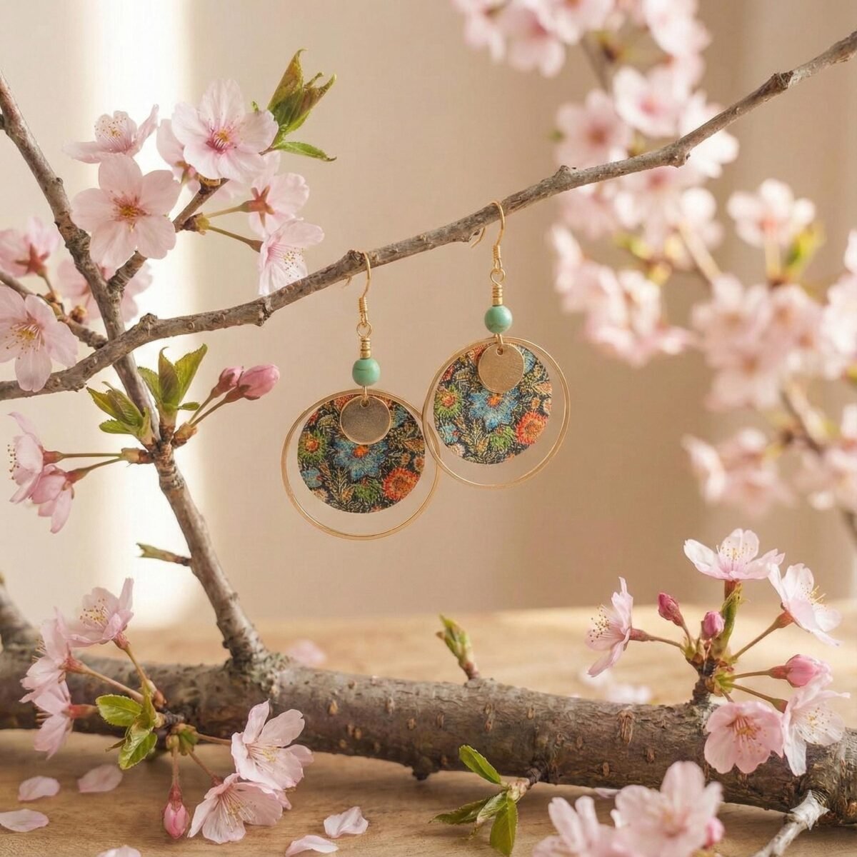 Boucles d'Oreilles Dorées "Estampe" — Cabochon Floral & Howlite Verte - photo 3 Boucles d'Oreilles Dorées "Estampe" — Cabochon Floral & Howlite Verte - photo 3