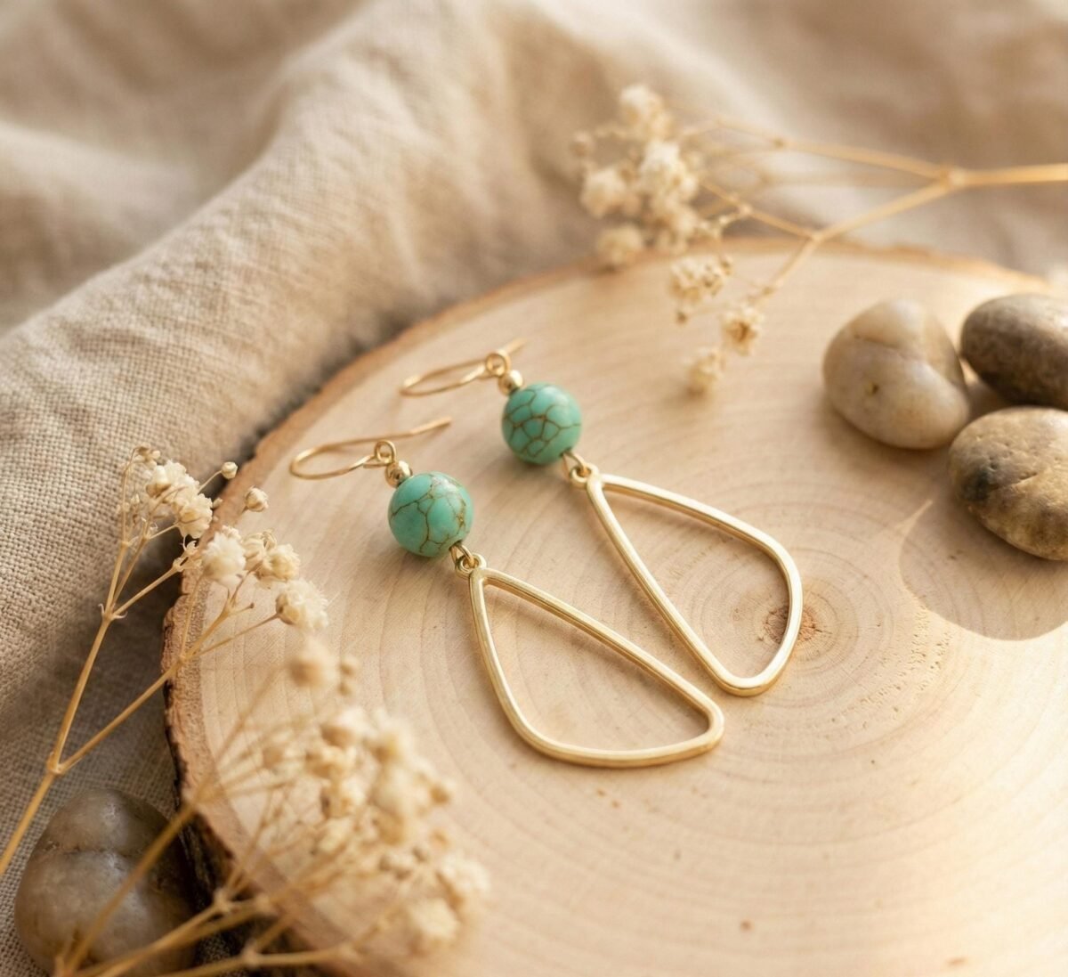 Boucles d'Oreilles Dorées "Vallée" — Grande Goutte & Howlite Verte
