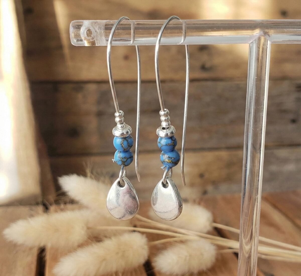 Boucles d'Oreilles Argentées "Ligne" — Grands Crochets & Turquoise Boucles d'Oreilles Argentées "Ligne" — Grands Crochets & Turquoise