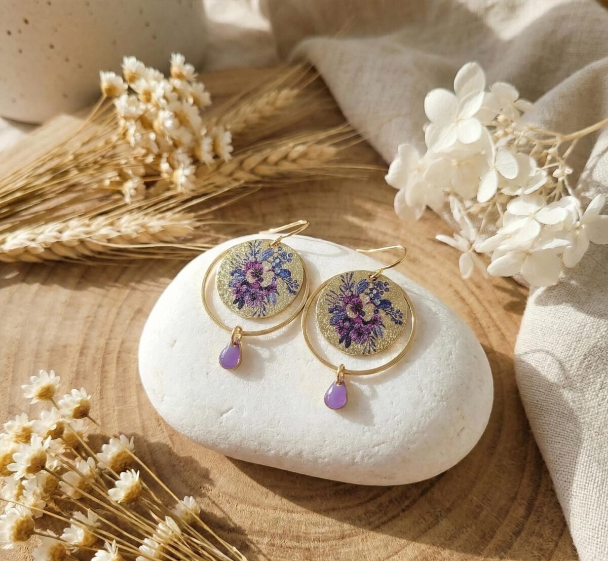 Parure Dorée "Éventail Violet" — Collier & Boucles Japonaises