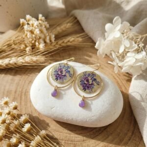 Parure Dorée "Éventail Violet" — Collier & Boucles Japonaises