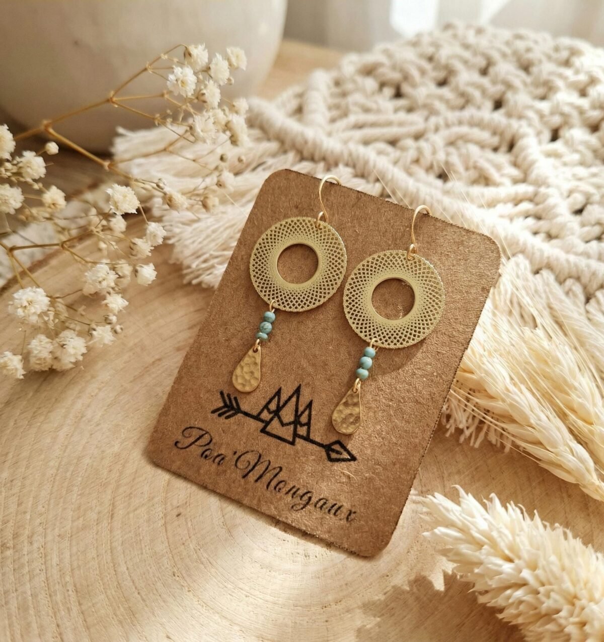 Boucles d'Oreilles Dorées "Soleil Doux" — Cercle Ajouré & Turquoise - photo 2