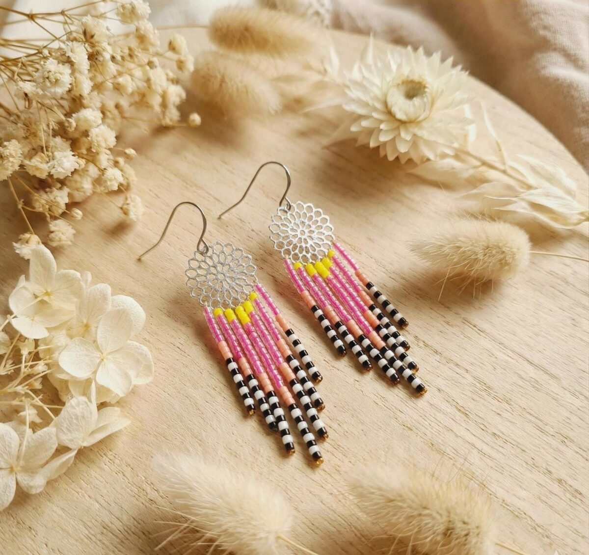 Boucles d'Oreilles Tissées "Vitamine" — Longues Franges Rose & Jaune - photo 2 Boucles d'Oreilles Tissées "Vitamine" — Longues Franges Rose & Jaune - photo 2