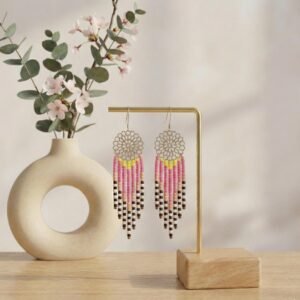 Boucles d'Oreilles Tissées "Vitamine" — Longues Franges Rose & Jaune