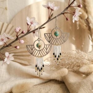 Boucles d'Oreilles Tissées "Art Déco" — Éventail Argenté & Agate Turquoise