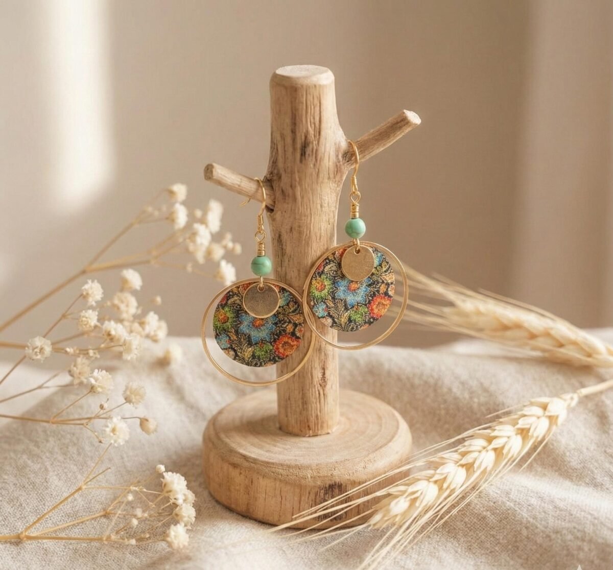 Boucles d'Oreilles Dorées "Estampe" — Cabochon Floral & Howlite Verte - photo 4 Boucles d'Oreilles Dorées "Estampe" — Cabochon Floral & Howlite Verte - photo 4