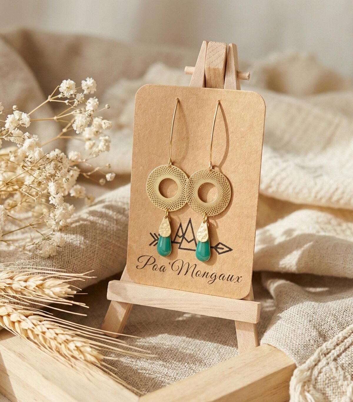 Boucles d'Oreilles Dorées "Vert d'Eau" — Rosace Ajourée & Goutte Émaillée Boucles d'Oreilles Dorées "Vert d'Eau" — Rosace Ajourée & Goutte Émaillée