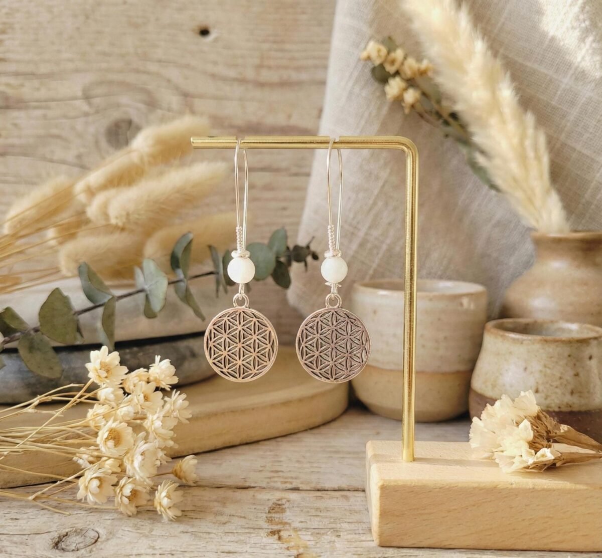 Boucles d'Oreilles Argentées "Fleur de Vie" — Disque Ajouré & Nacre - photo 4