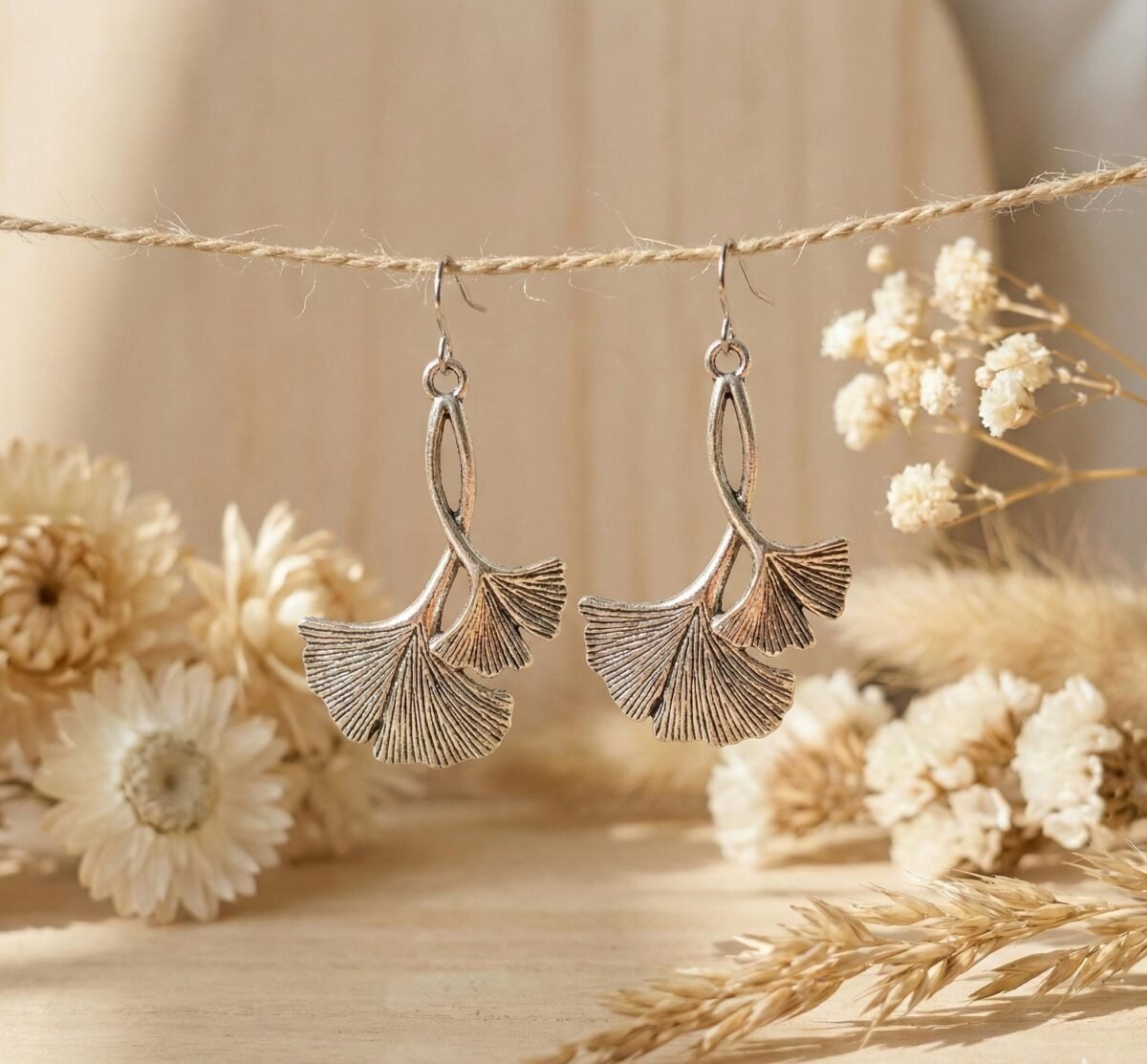Boucles d'Oreilles Argentées "Ginkgo" — Double Feuille Pendante - photo 2