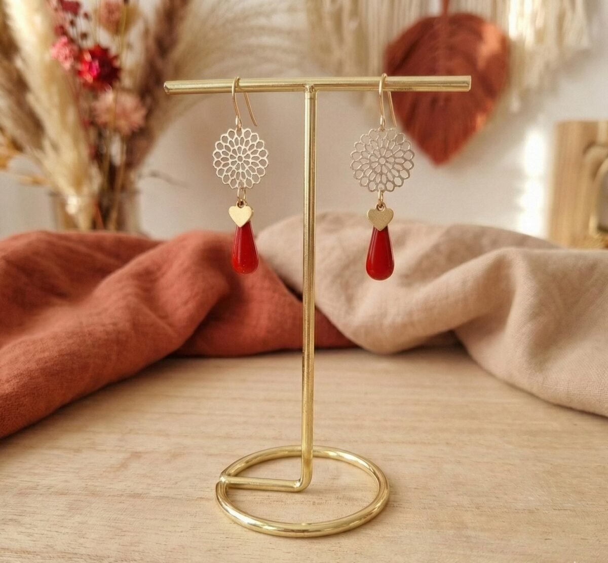 Boucles d'Oreilles Dorées "Cœur Rouge" — Goutte Émaillée & Cœur Doré - photo 2