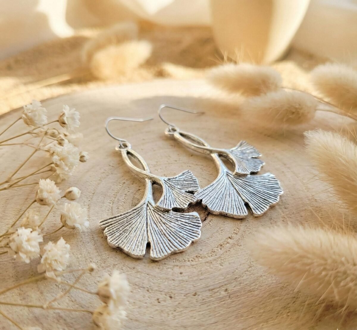 Boucles d'Oreilles Argentées "Ginkgo" — Double Feuille Pendante - photo 3