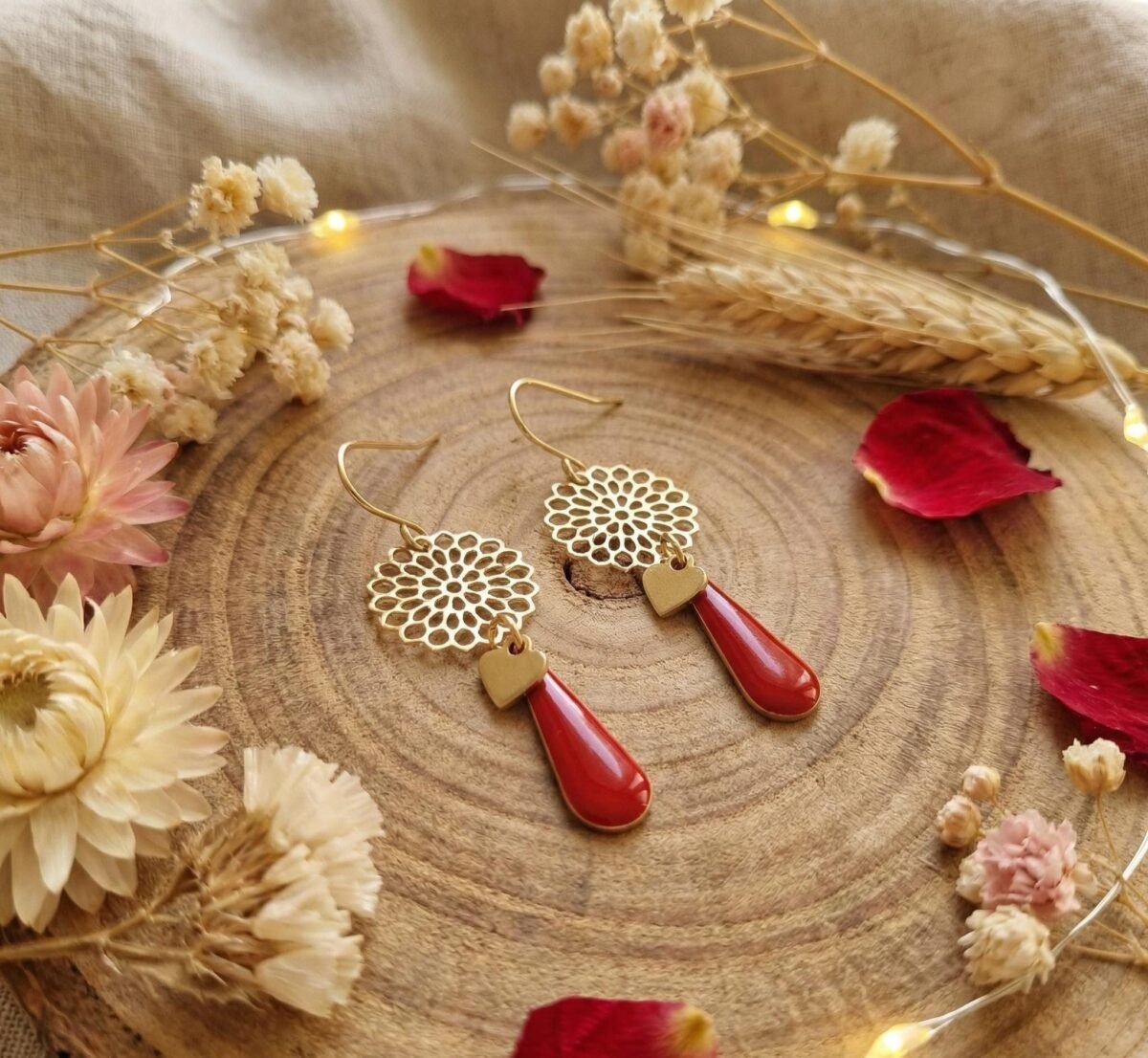 Boucles d'Oreilles Dorées "Cœur Rouge" — Goutte Émaillée & Cœur Doré - photo 3
