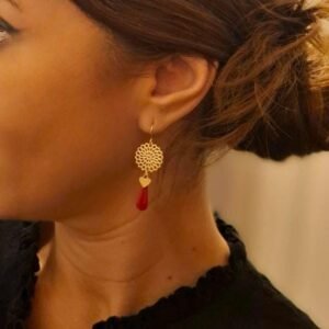 Boucles d'Oreilles Dorées "Cœur Rouge" — Goutte Émaillée & Cœur Doré