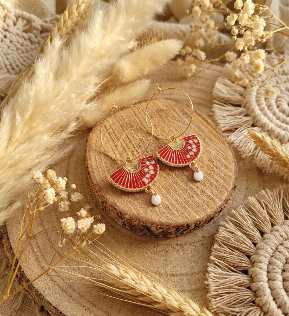Créoles Dorées "Sensu Rouge" — Éventail Émaillé & Goutte Blanche - photo 4