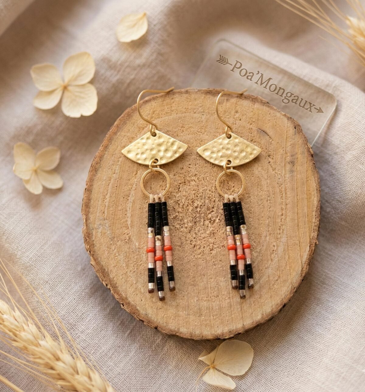Boucles d'Oreilles Tissées "Brasier" — Éventail Doré & Miyuki Noir Corail - photo 3