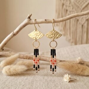 Boucles d'Oreilles Tissées "Brasier" — Éventail Doré & Miyuki Noir Corail