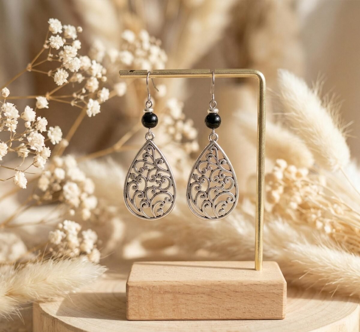 Boucles d'Oreilles Argentées "Filigrane" — Goutte Arabesque & Perle Noire - photo 3