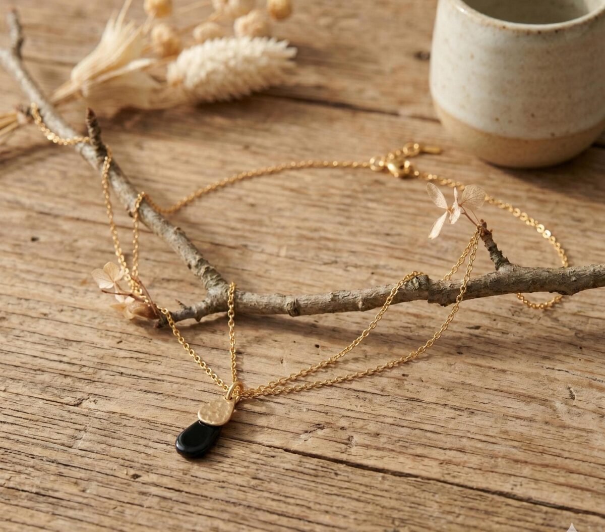 Collier Doré "Nuit" — Goutte Martelée & Émail Noir - photo 2