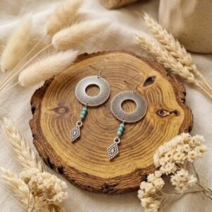 Boucles d'Oreilles Argentées "Aztèque" — Cercle Ajouré & Turquoise