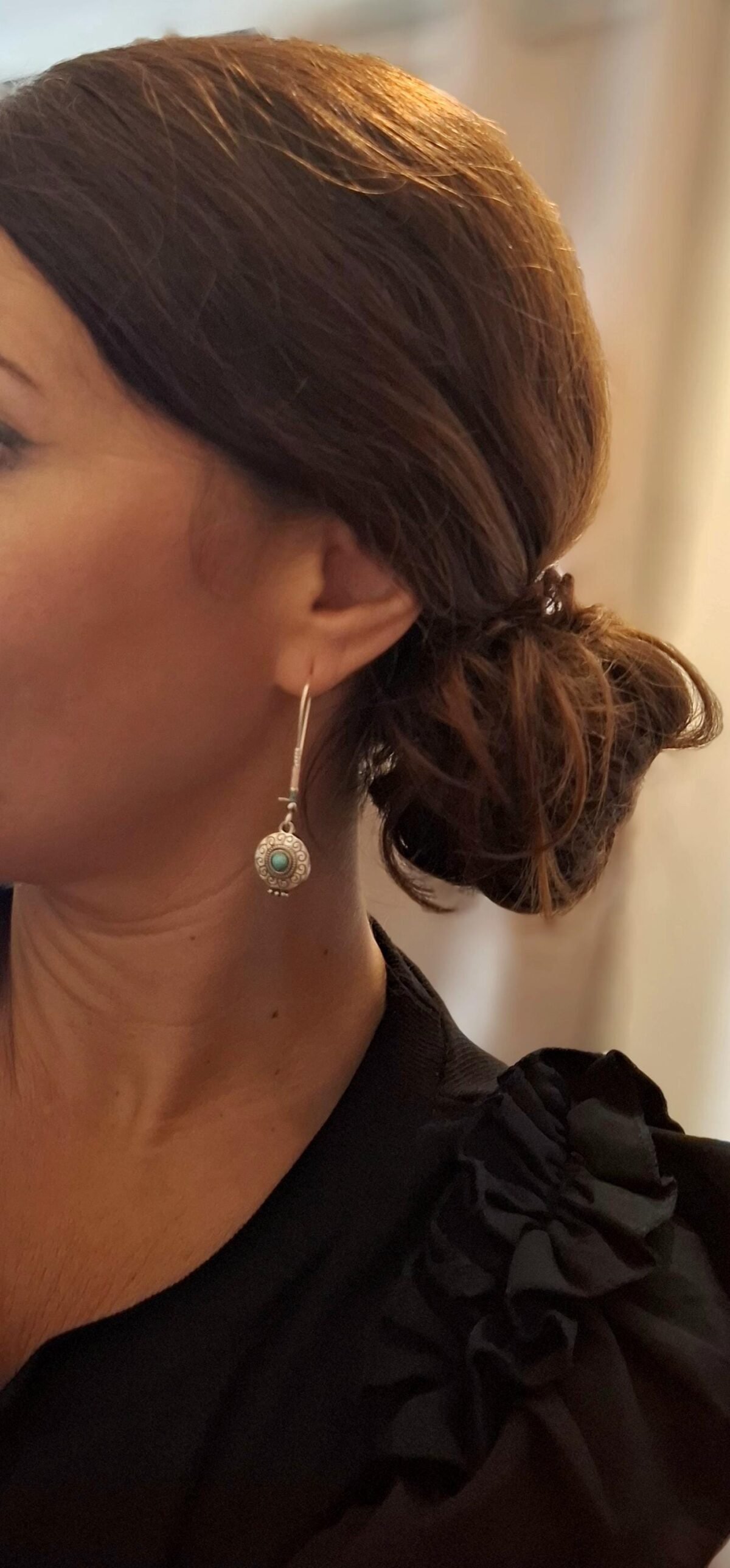 Boucles d'Oreilles Argentées "Talisman" — Long Crochet & Médaillon Turquoise - photo 2