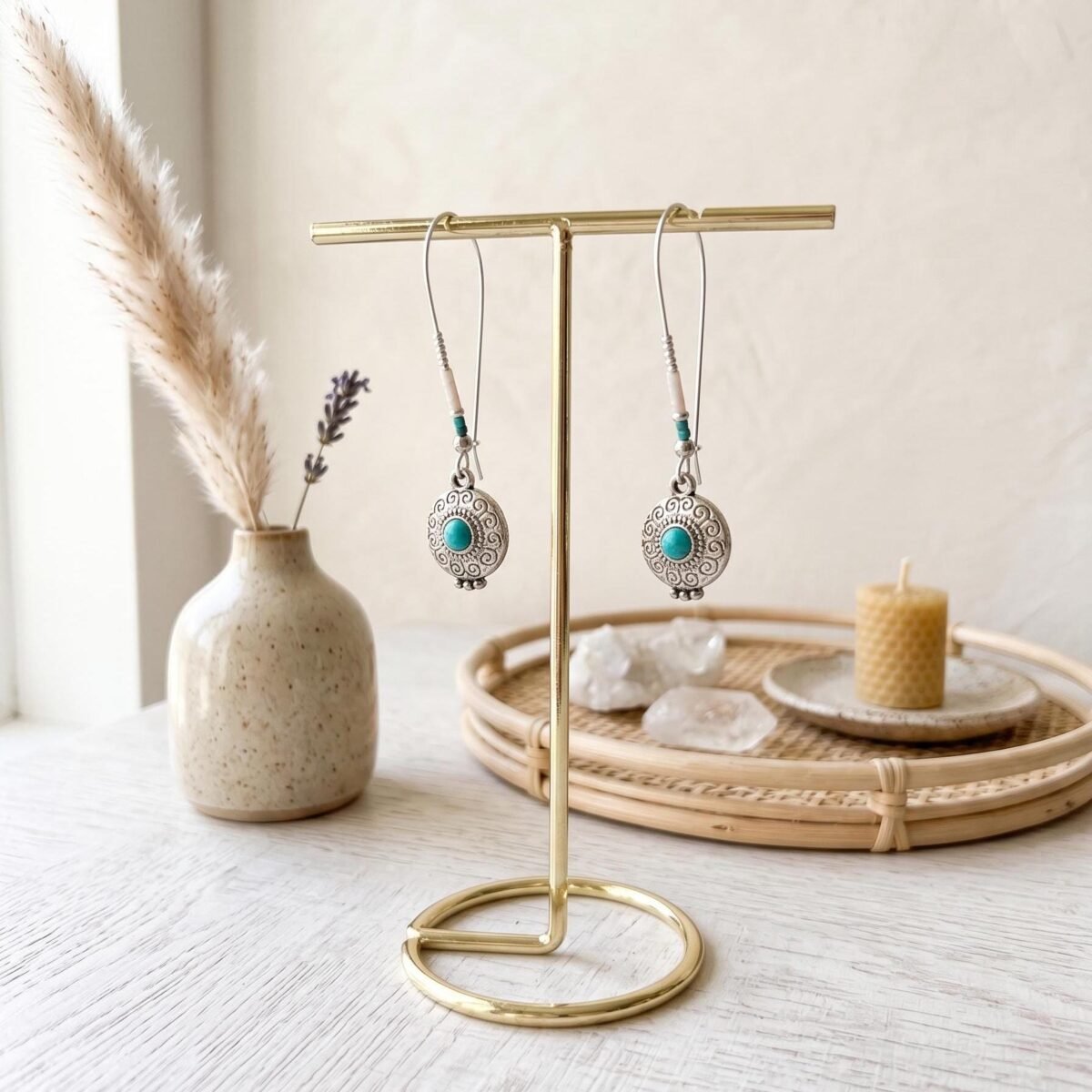 Boucles d'Oreilles Argentées "Talisman" — Long Crochet & Médaillon Turquoise - photo 4