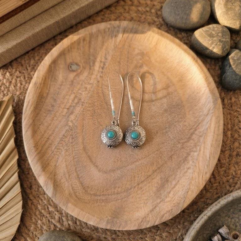 Boucles d'Oreilles Argentées "Talisman" — Long Crochet & Médaillon Turquoise - photo 3