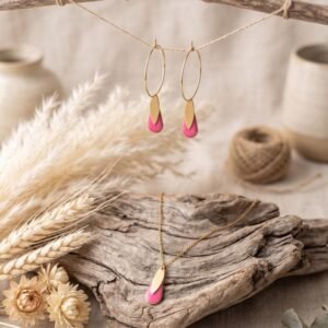 Parure Dorée "Fuchsia" — Collier & Créoles Émail Rose - photo 3