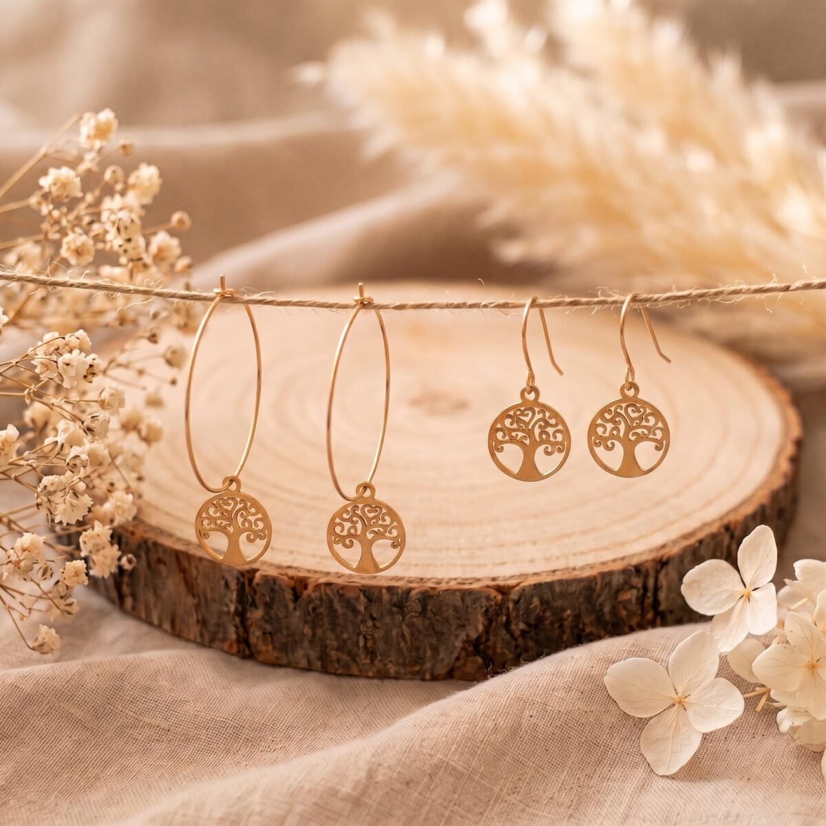 Duo Boucles d'Oreilles Dorées "Racines" — Arbre de Vie Assorti