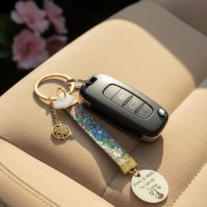 Porte-clés annonce grossesse – tissu Liberty et médaille gravée