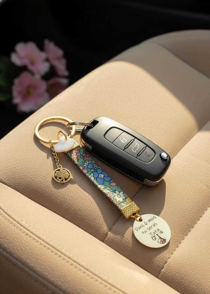 Porte-clés annonce grossesse – tissu Liberty et médaille gravée