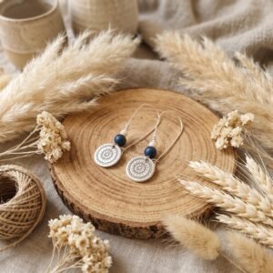 Boucles d'Oreilles Argentées "Mandala" — Pastille Ronde & Hématite Bleue
