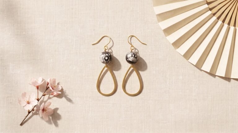 Signification des motifs japonais : créoles dorées à médaillon fleur de cerisier sakura, avec branche fleurie et éventail