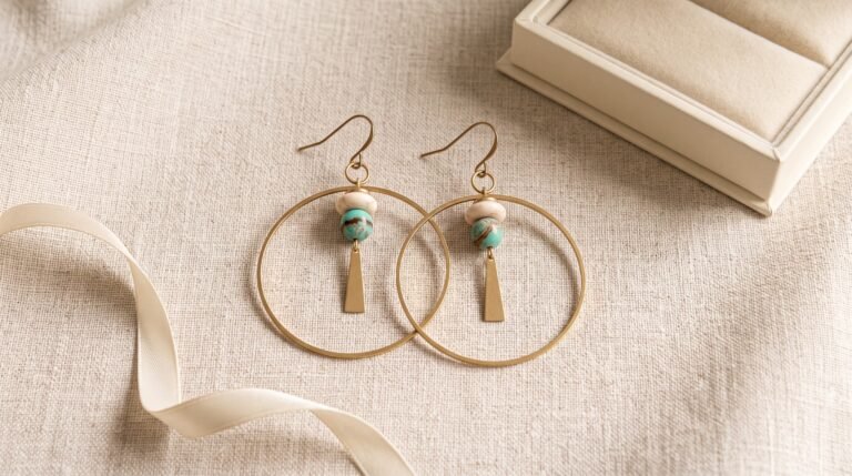 Quel bijou offrir : créoles dorées Oasis howlite ivoire et agate turquoise avec écrin cadeau et ruban