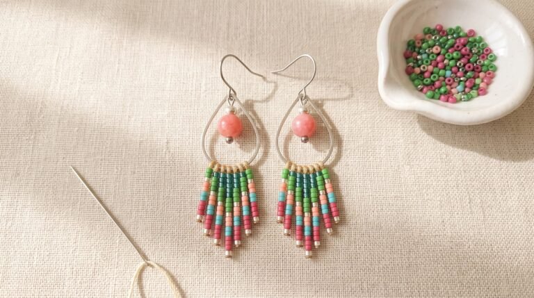 Tissage de perles Miyuki : boucles d'oreilles à franges tissées main vert et rose, avec perles et aiguille à tisser