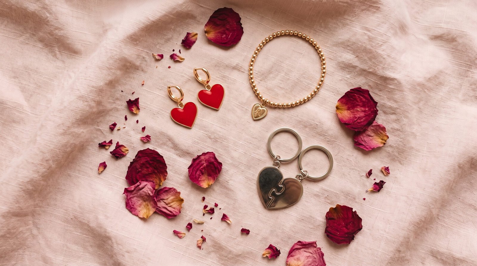 Bijou Saint-Valentin : boucles d’oreilles cœur en émail rouge, bracelet perlé à médaille cœur et porte-clés demi-cœurs
