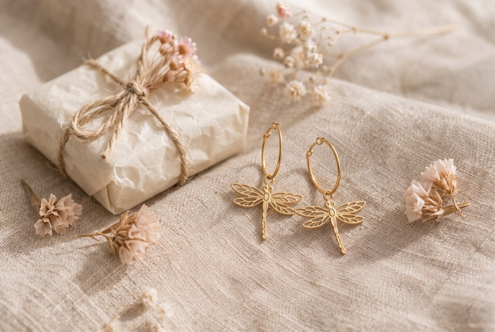 Boucles d’oreilles dorées et petit paquet cadeau posés sur du lin