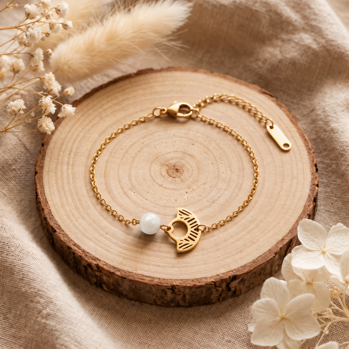 Bracelet azteque blanc Bracelet éventail doré et perle de trochus nacrée – parure aztèque