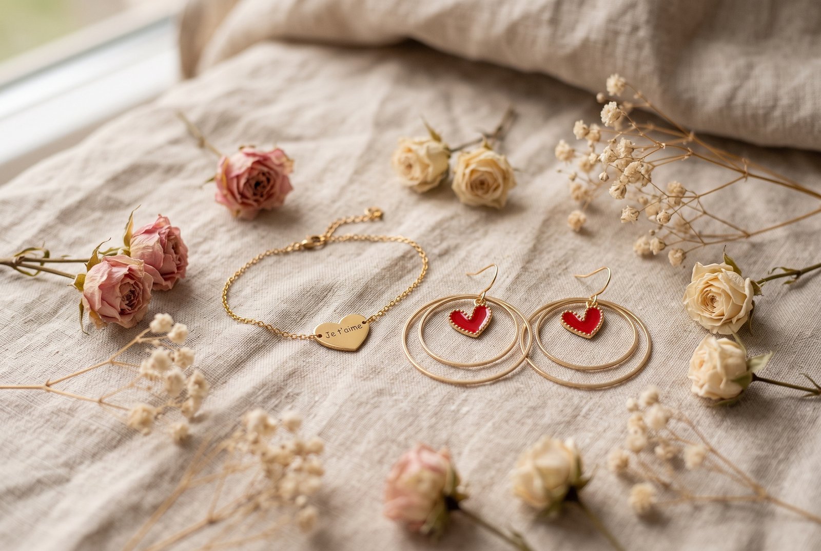 Bracelet cœur gravé et boucles d’oreilles cœur posés sur du lin
