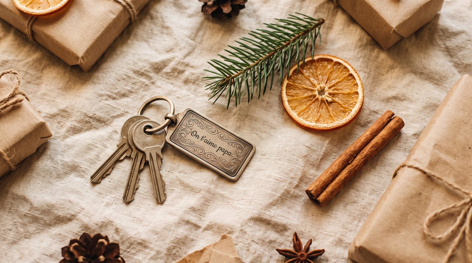 Cadeau Noël papa : porte-clés plaque argentée gravée sur un trousseau, avec branche de sapin et orange séchée
