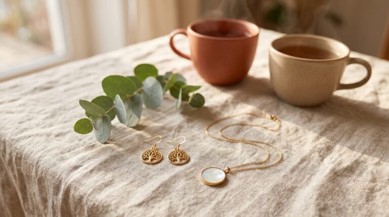Cadeau belle-sœur : boucles d'oreilles arbre de vie et collier nacré dorés faits main
