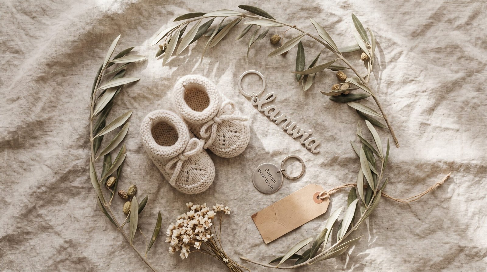 Cadeau parrain : porte-clés en lettres et porte-clés gravé à médaille ronde, à côté de chaussons de bébé en laine