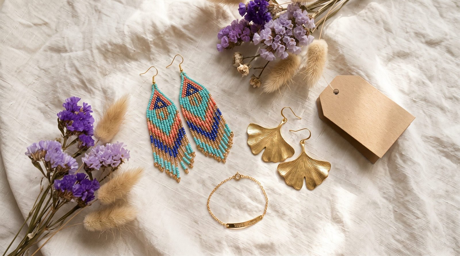 Cadeau pour femme qui a tout : boucles d’oreilles franges Miyuki, feuille de ginkgo dorée et bracelet gravé sur lin