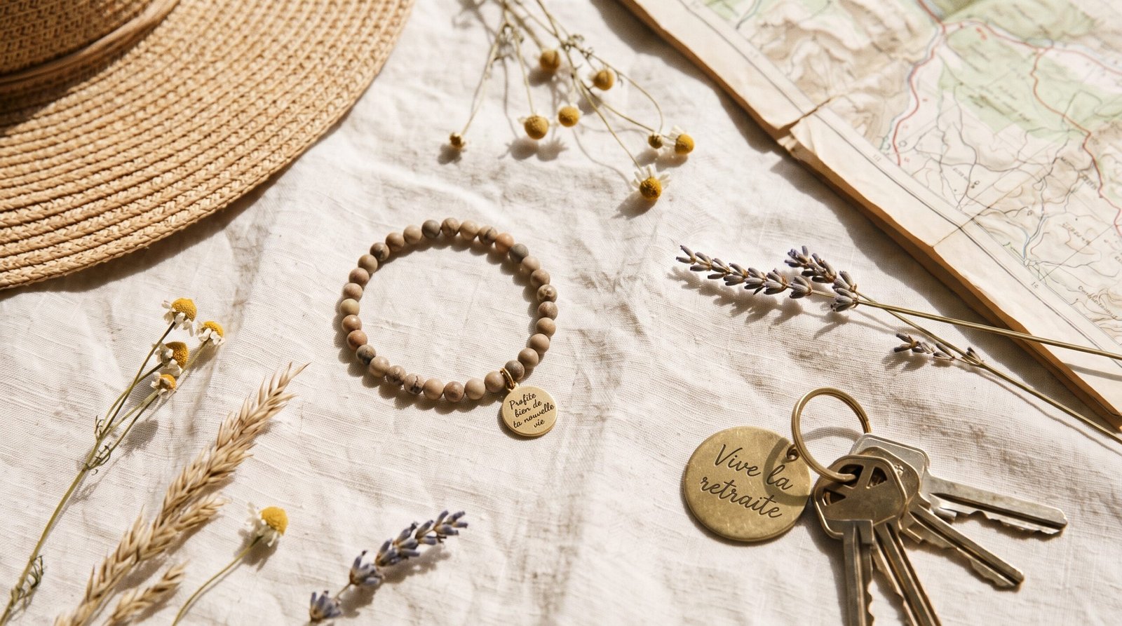 Cadeau retraite femme : bracelet perlé à médaille gravée et porte-clés gravé, avec chapeau de paille et fleurs séchées