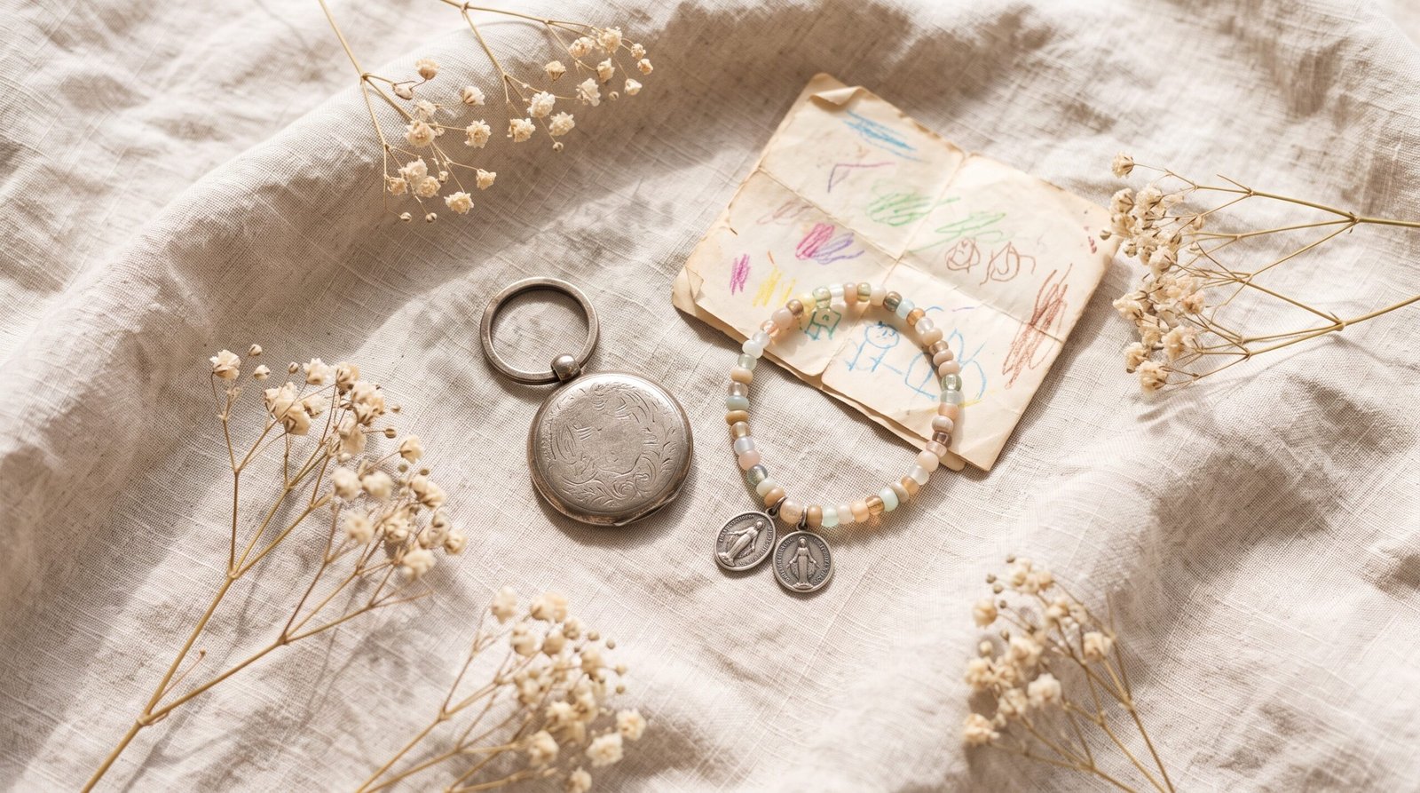 Cadeau tata : porte-clés gravé argenté et bracelet perlé à deux médailles, posés sur lin avec gypsophile séchée