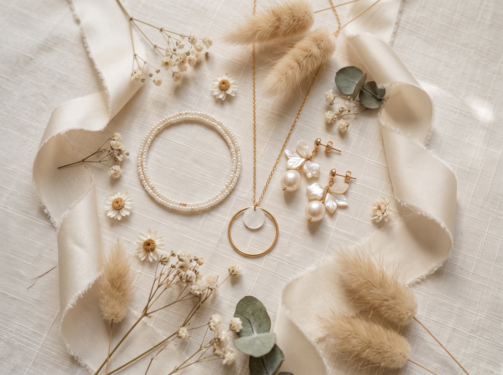 Cadeau témoin mariage : bracelet perlé à médaille gravée et boucles d’oreilles perle et nacre sur lin ivoire
