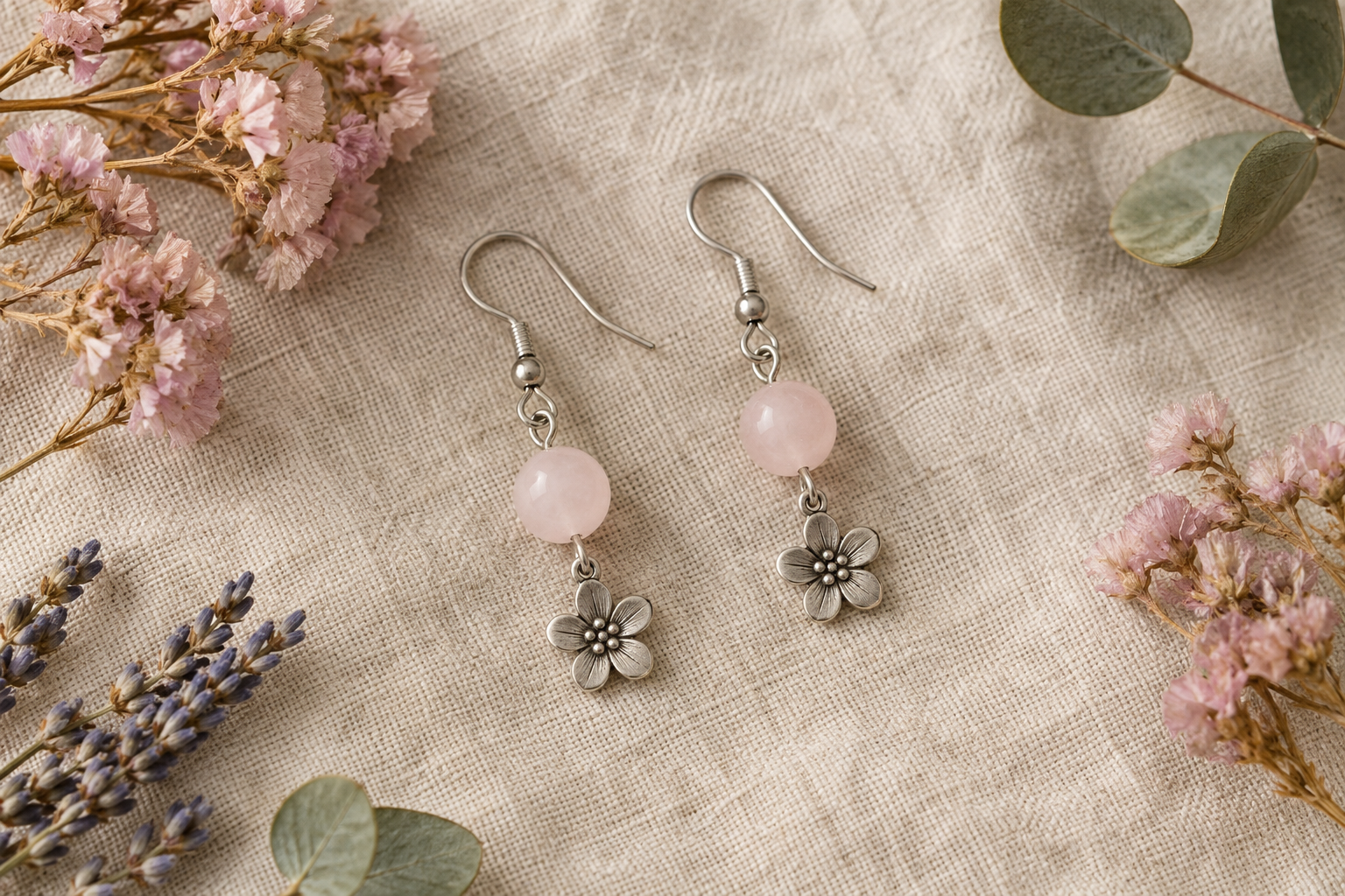 Boucles d’oreilles en quartz rose posées sur du lin, entre des fleurs séchées
