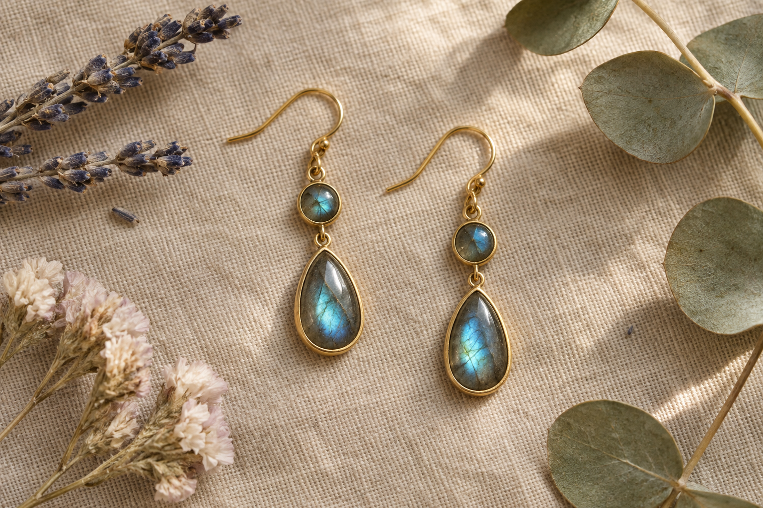 Boucles d’oreilles en labradorite posées sur du lin, entre des fleurs séchées