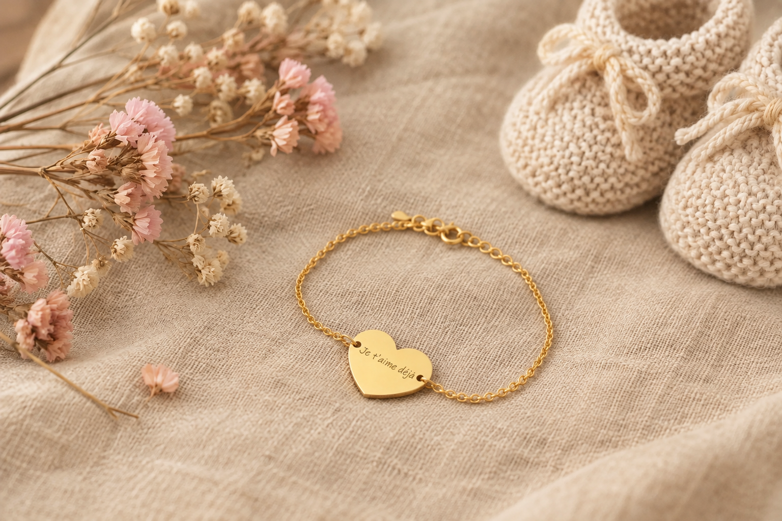 Bracelet gravé avec médaille et perles posé sur du lin