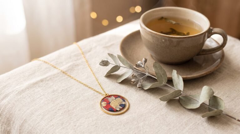 Collier ginkgo doré fait main posé sur du lin, idée cadeau pour belle-mère